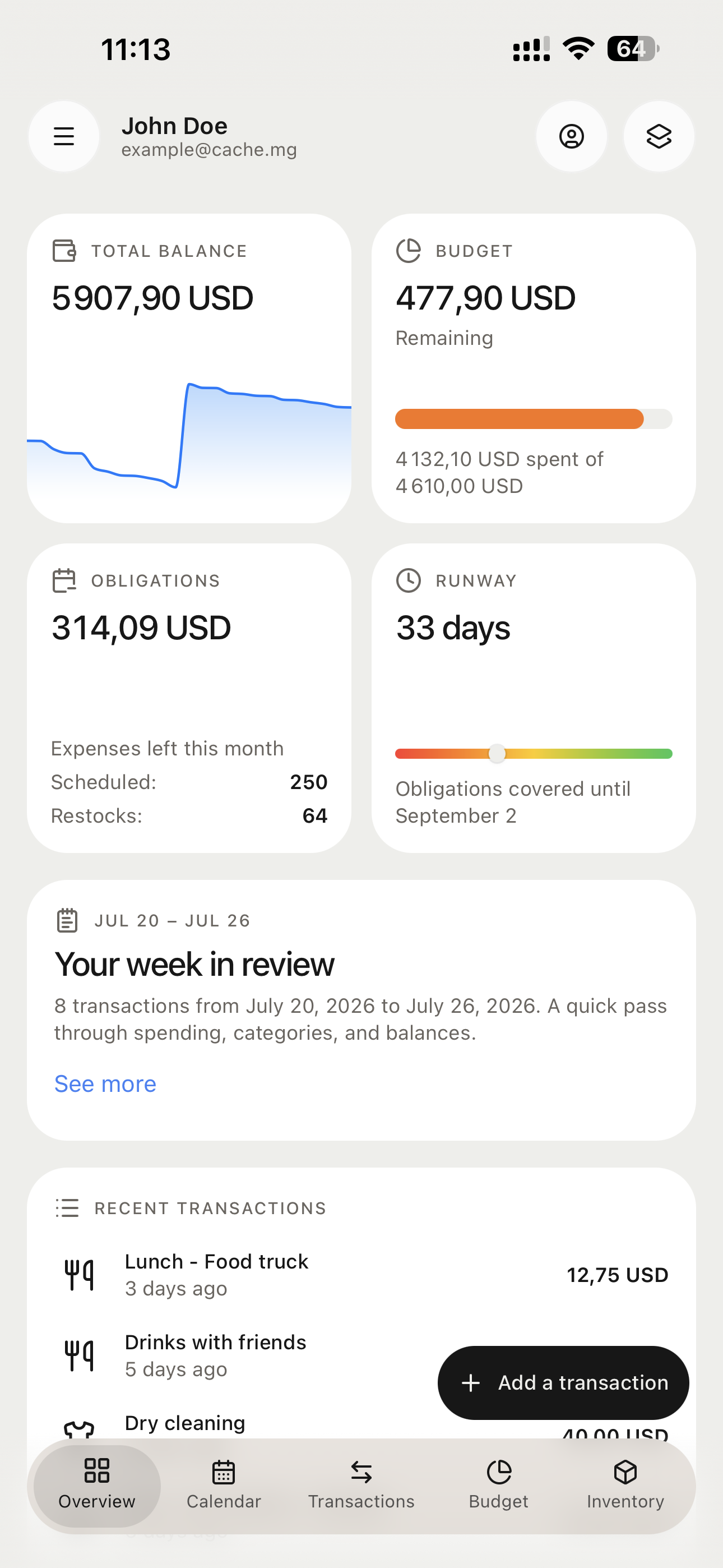 Cache mobile dashboard showing total balance, remaining budget, obligations, and coverage for July 2026